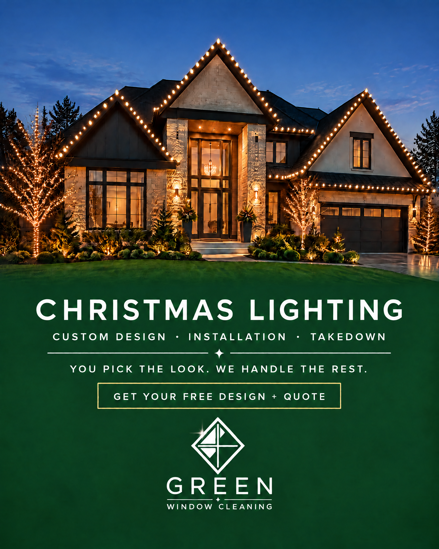 Sample Green Window Cleaning warm-white commercial C9 Christmas lighting concept on a home